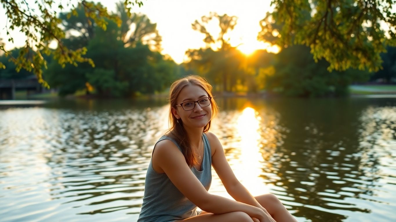 Person meditating by a calm lake at sunrise.