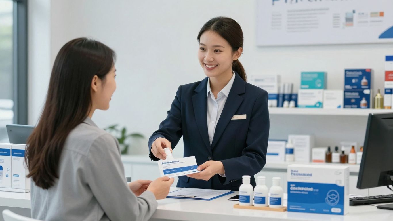 Salesperson offering a customer a better product with a smile.