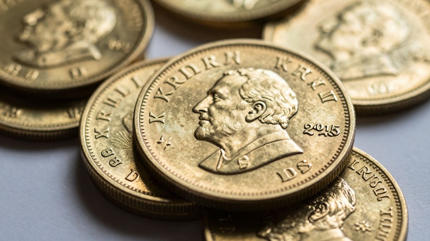 Gold Krugerrand coins stacked and gleaming.
