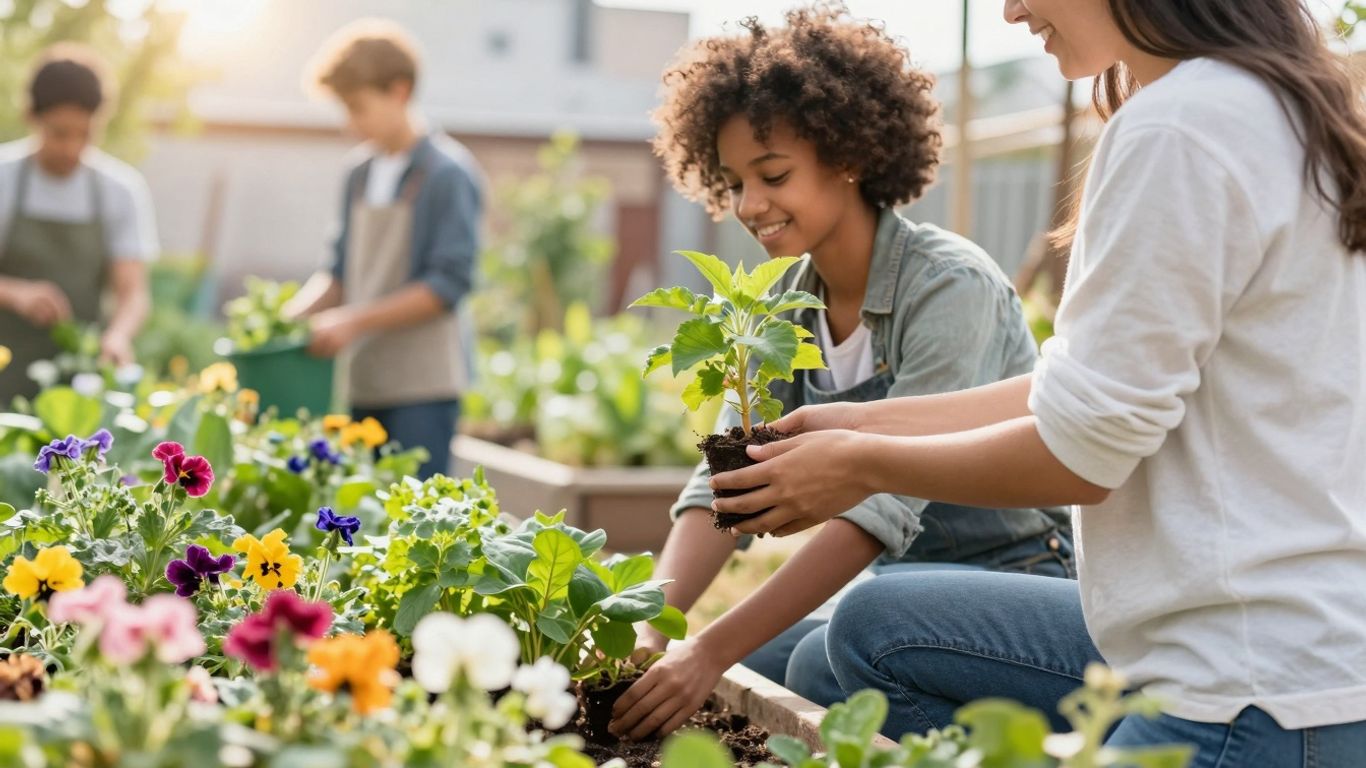 Menschen teilen Pflanzen in einer Gemeinschaftsgarten-Umgebung.