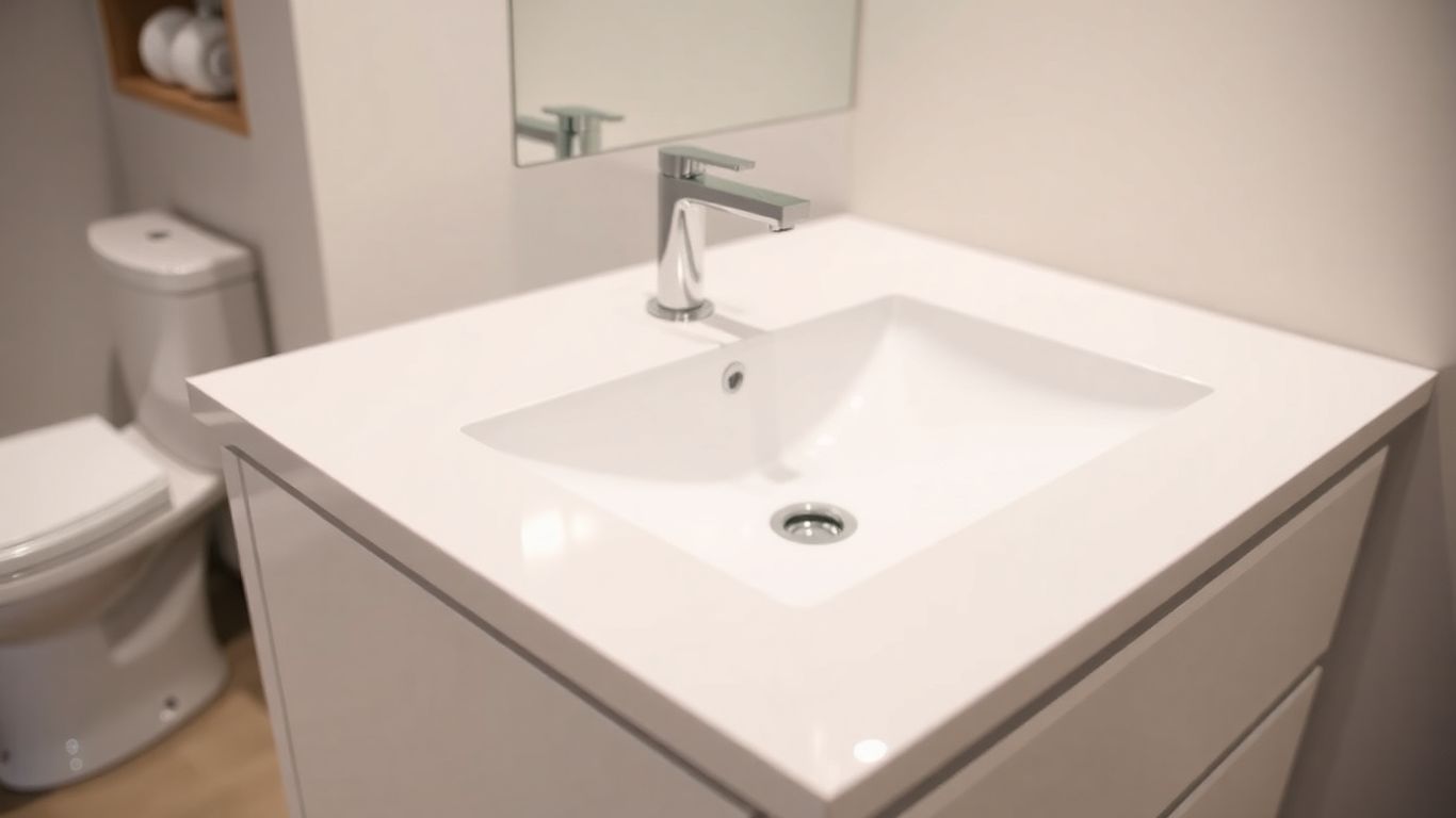 Modern bathroom vanity top with sink and faucet.