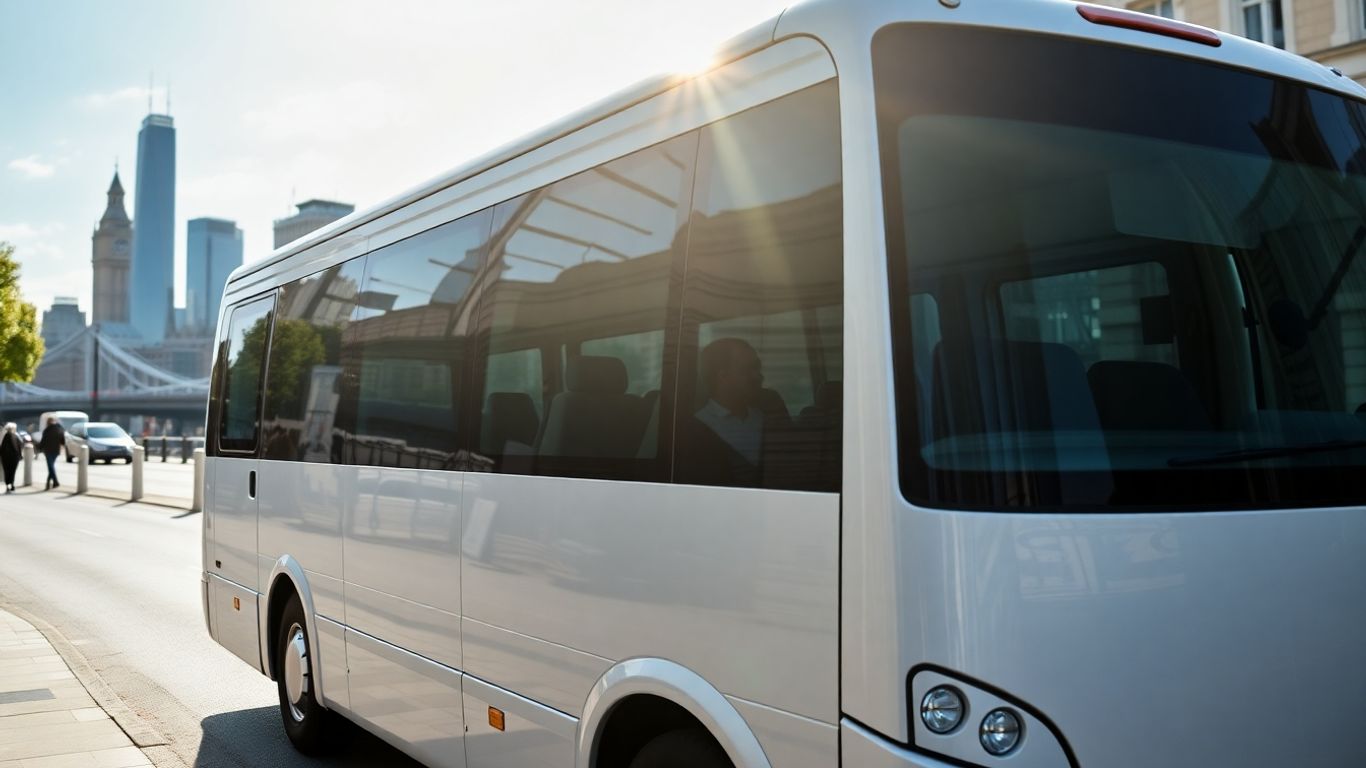 Minibus parked with London skyline in background.