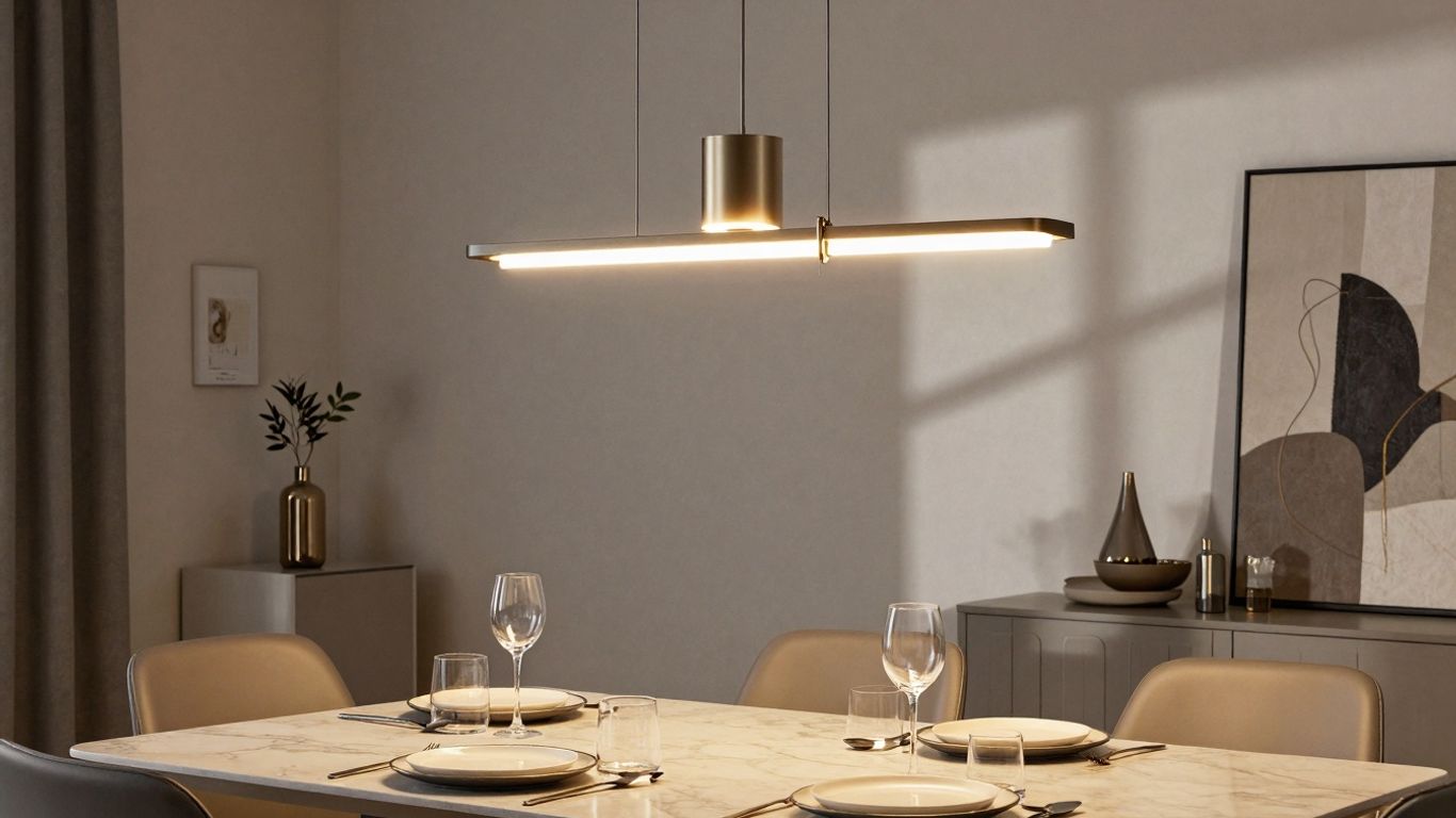 Elegant dining table with a stylish hanging lamp above.