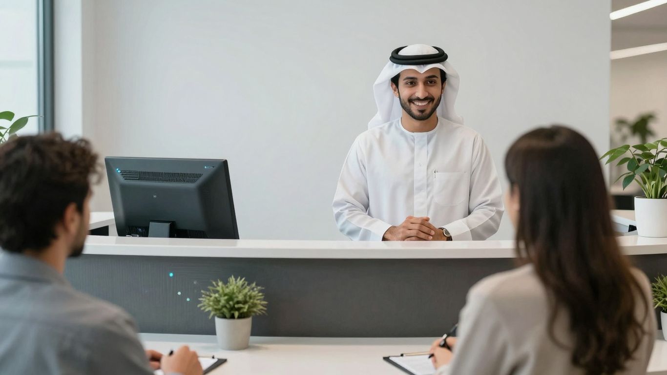 Receptionist assisting patient in a modern clinic.