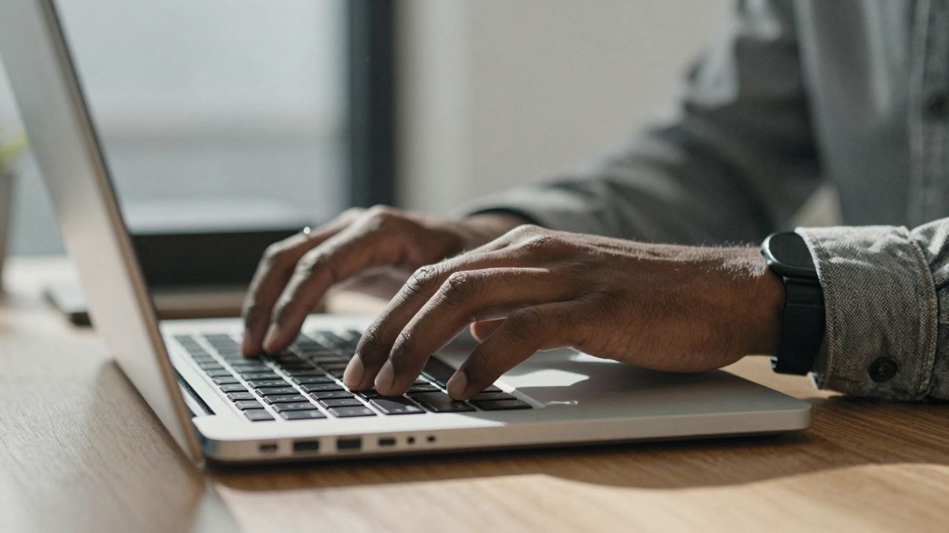 Personne travaillant sur un ordinateur portable dans un bureau.
