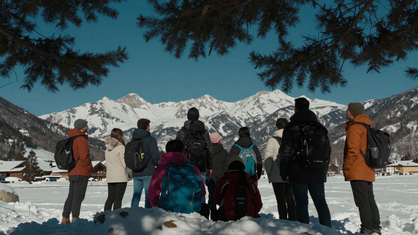 Zimowy krajobraz górski z podróżnikami