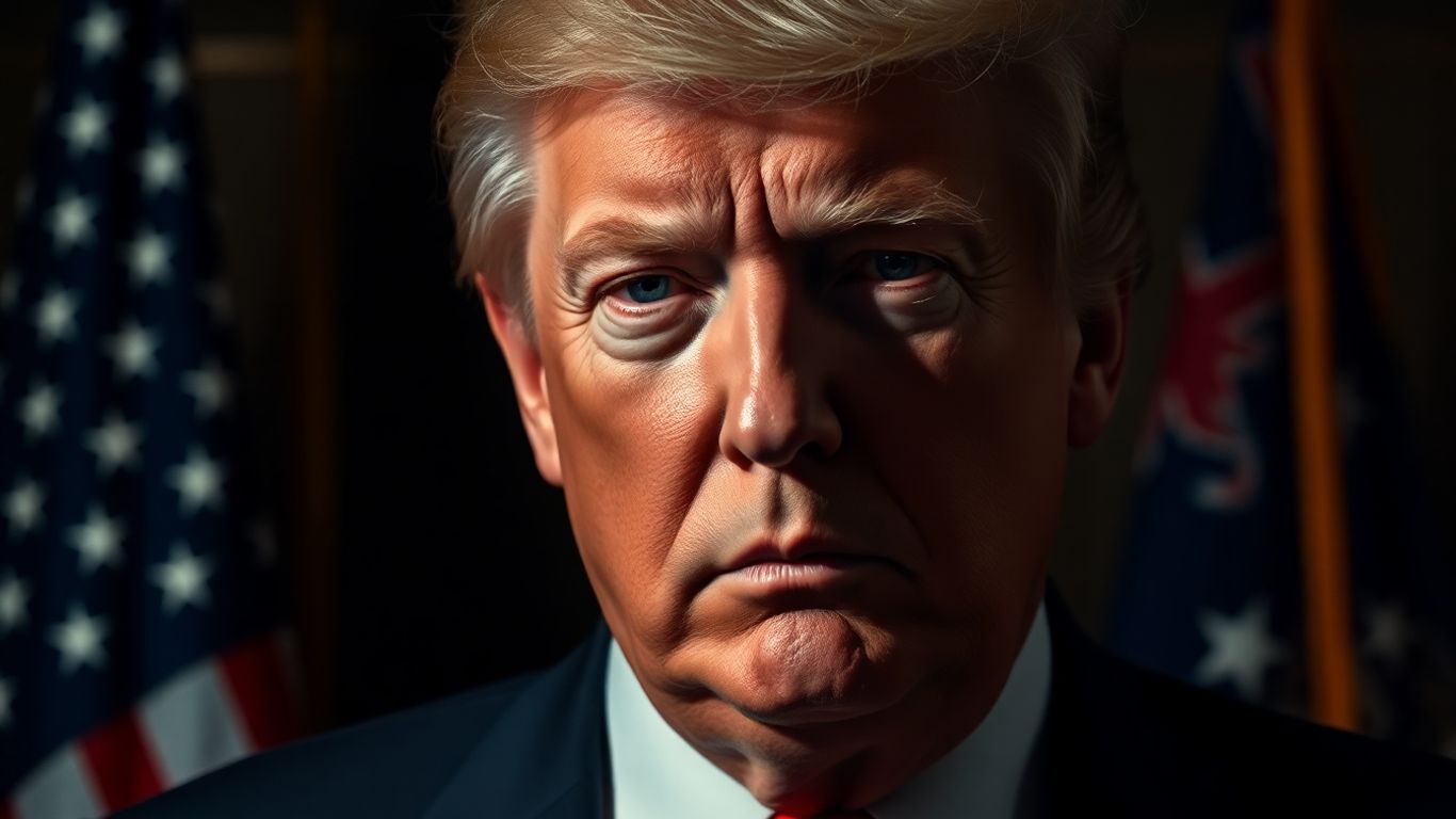 Donald Trump with American flags and global trade imagery.