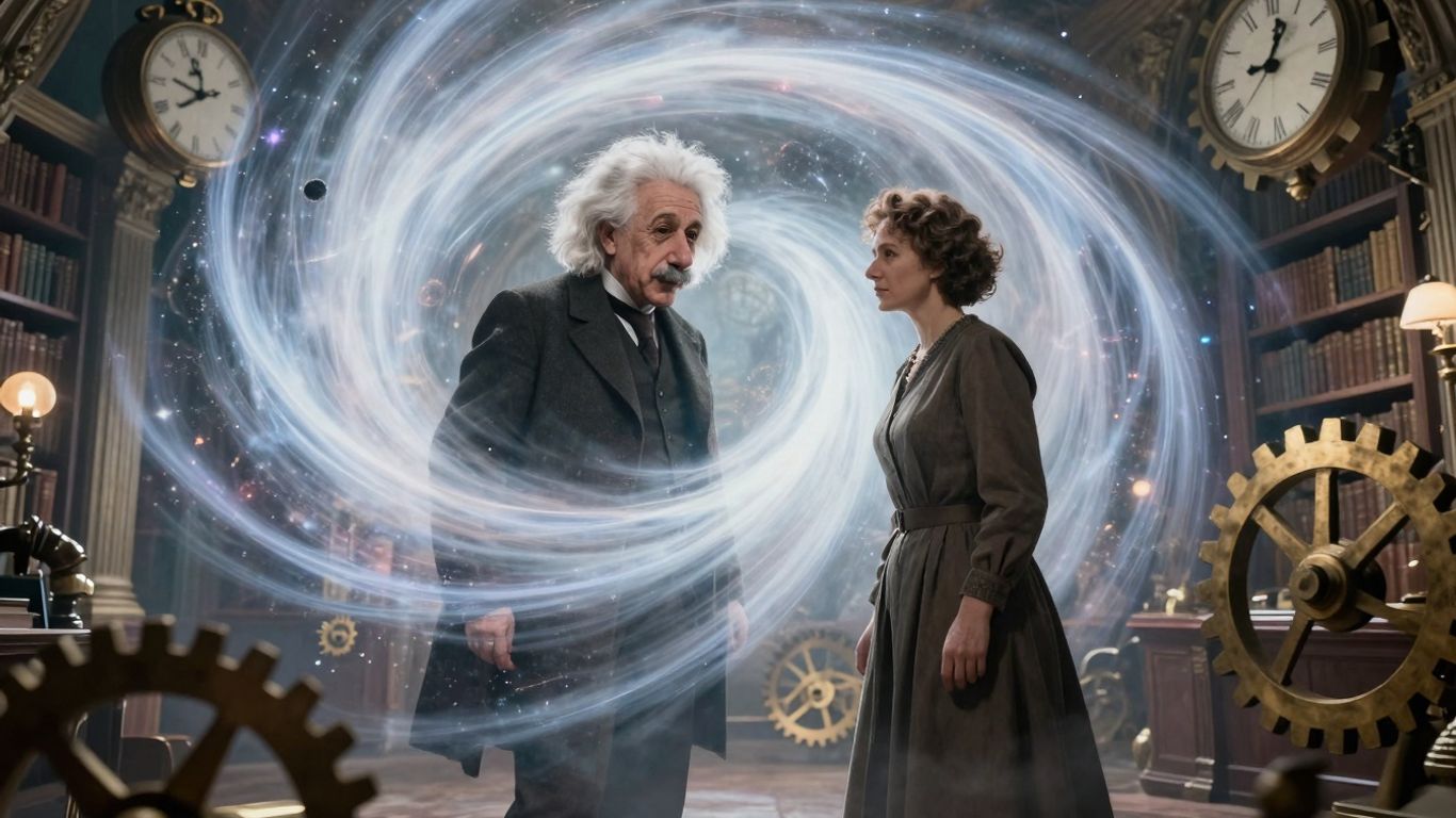 Paradoksy czasowe i postacie historyczne w bibliotece.