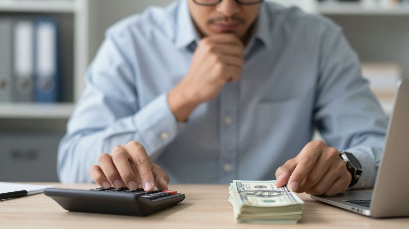 Person considering disability insurance costs with financial documents.