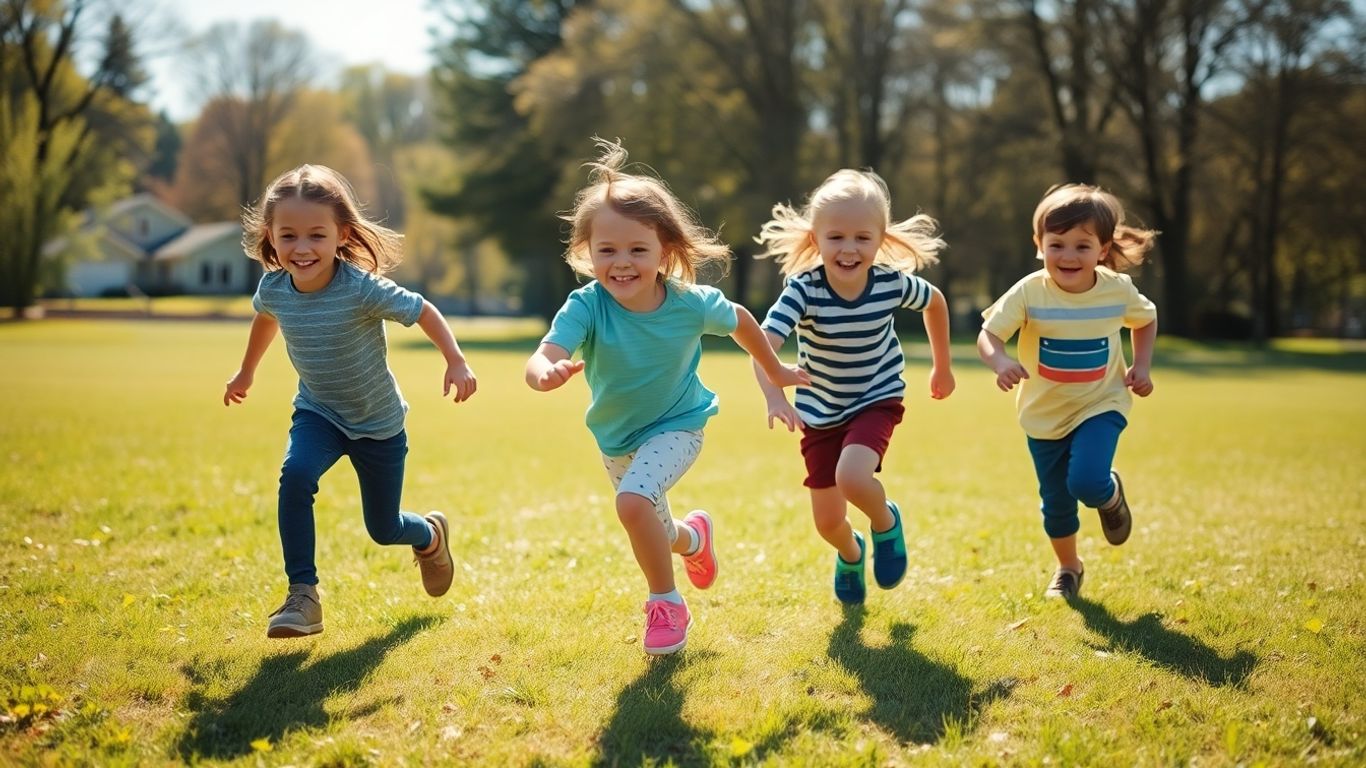 Kinder spielen ausgelassen im Freien, rennen und lachen.