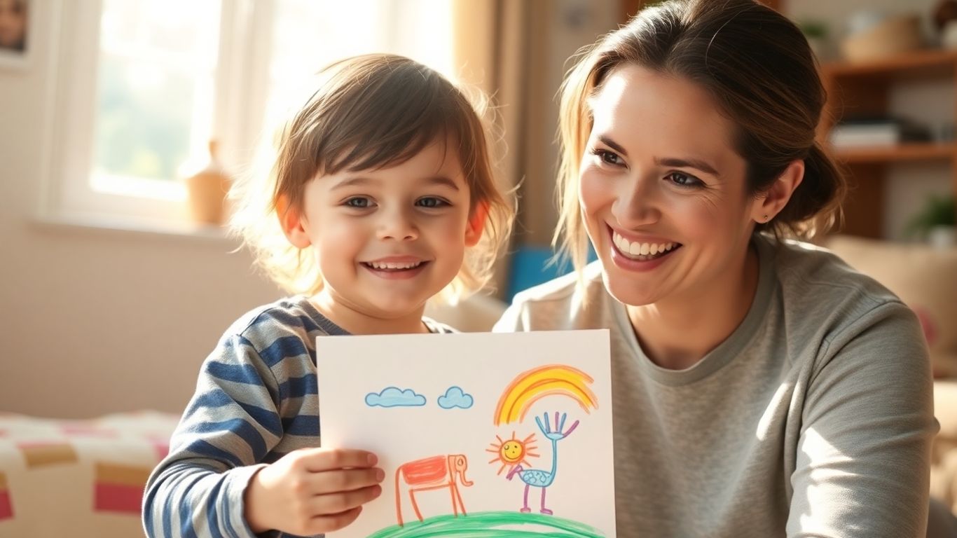 Parent and child share a proud moment over artwork.