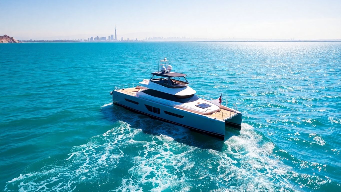 Catamaran sailing on blue water near a city skyline.
