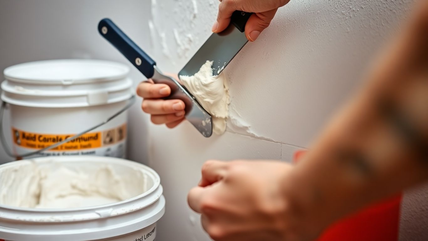 Contractor patching a wall seam for invisible repairs.