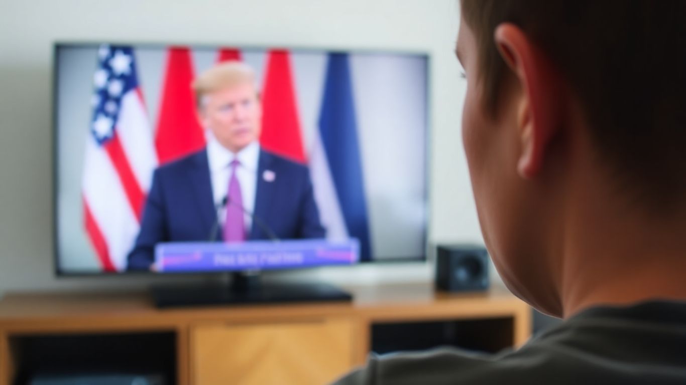 Persoană privește un politician la televizor, chip îngrijorat.