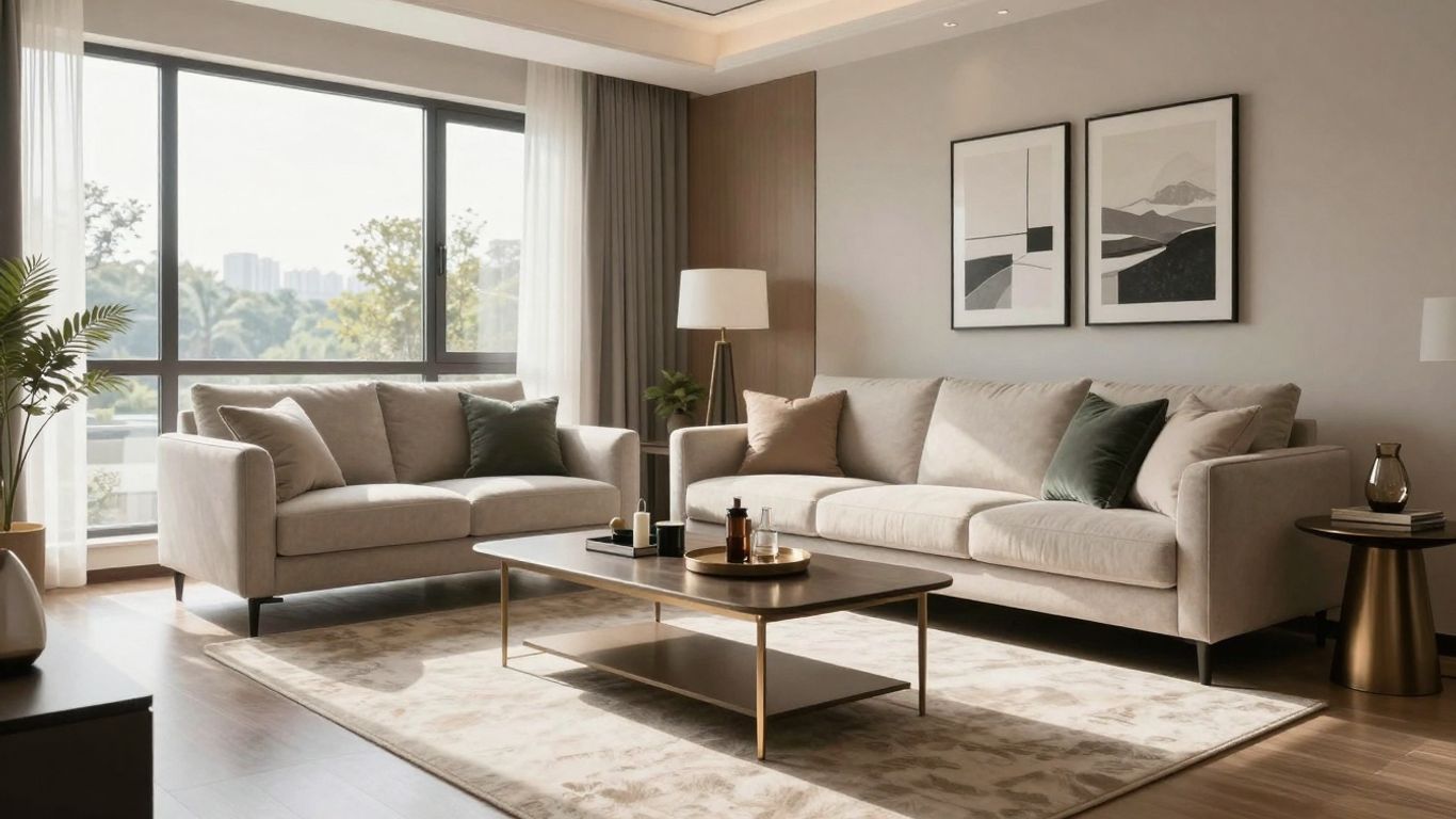 Sala de estar moderna con muebles elegantes y decoración.