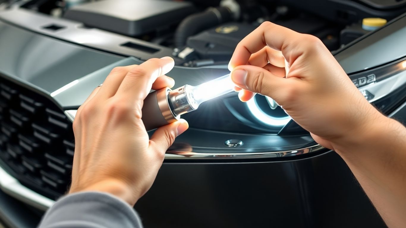 Hands installing new Mazda headlight bulb.