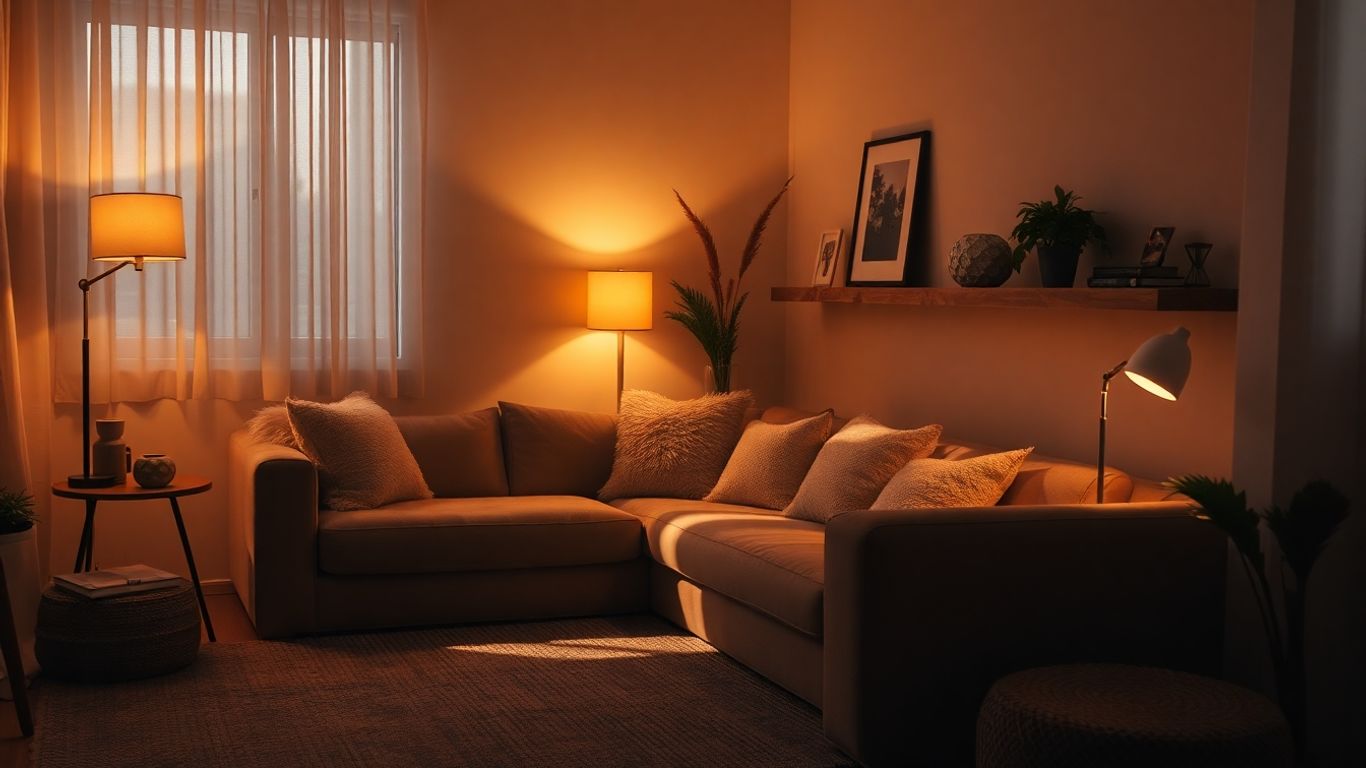 Cozy room with layered lighting and decor.