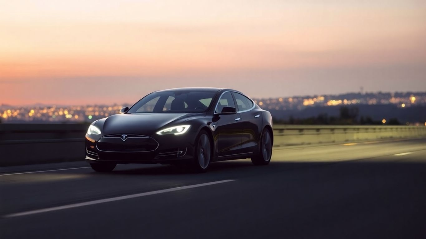 Tesla car driving on a highway at dusk.