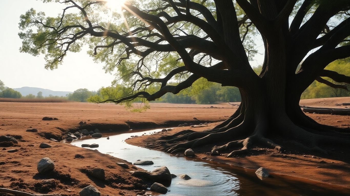 Stable oak tree and calm stream in sunlight.