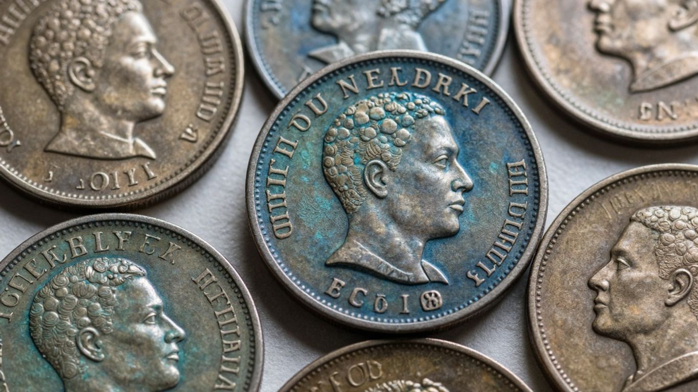 Naturally toned coins with colorful patina patterns.