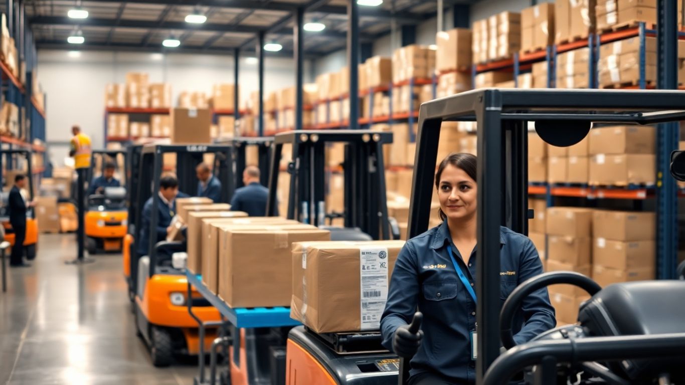 Logistiklager mit Arbeitern und Gabelstaplern