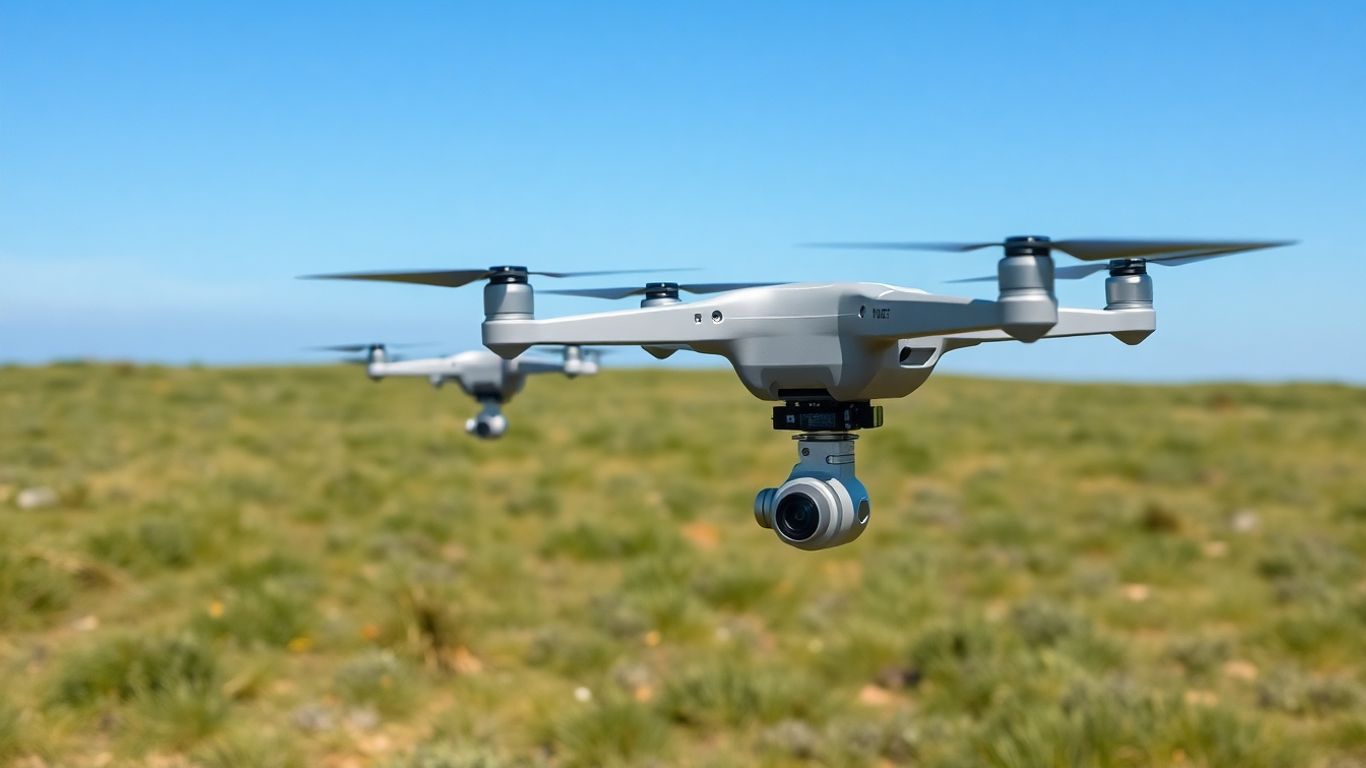 Professional mapping drones flying over open landscape