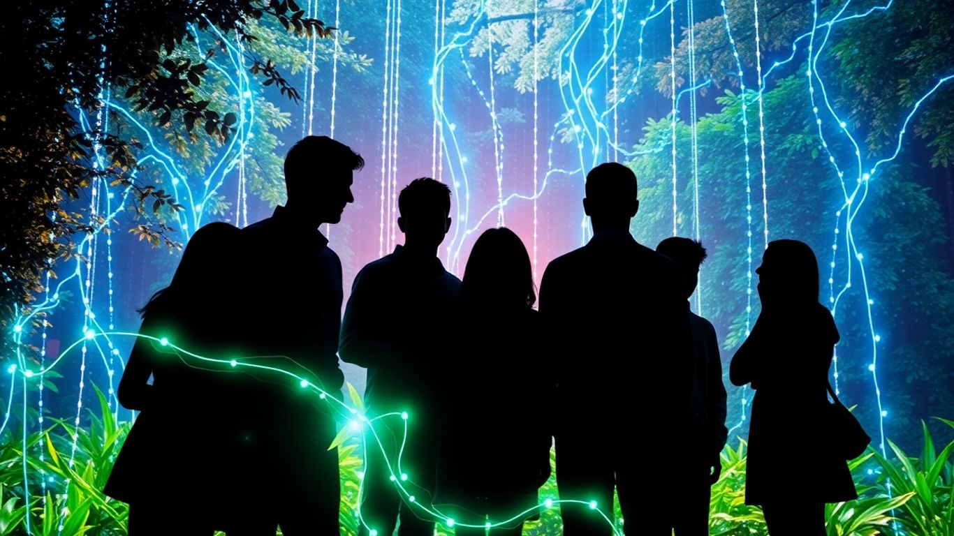 People connecting in a digital nature setting.