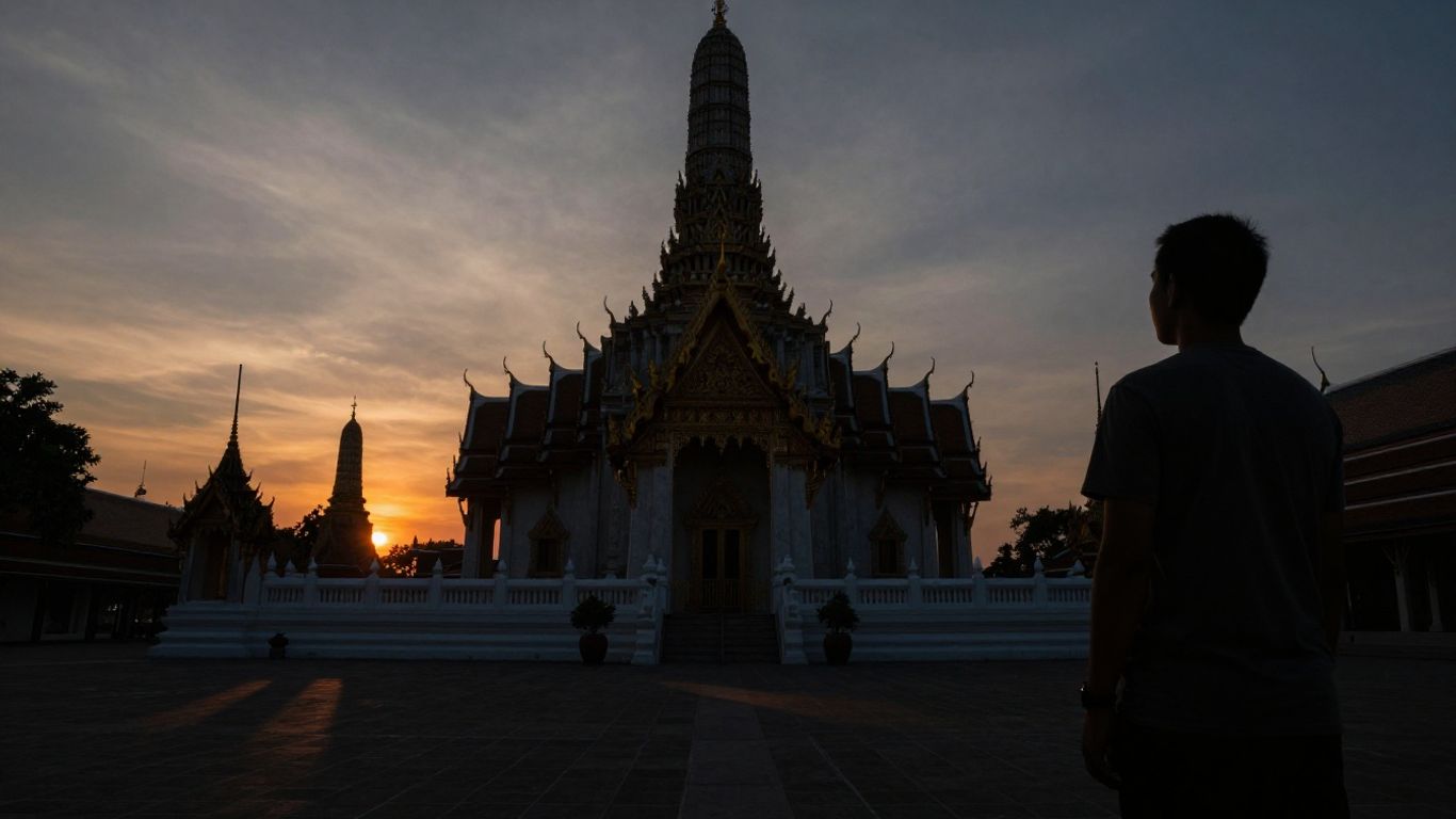 Thai temple at sunset with a lone figure.