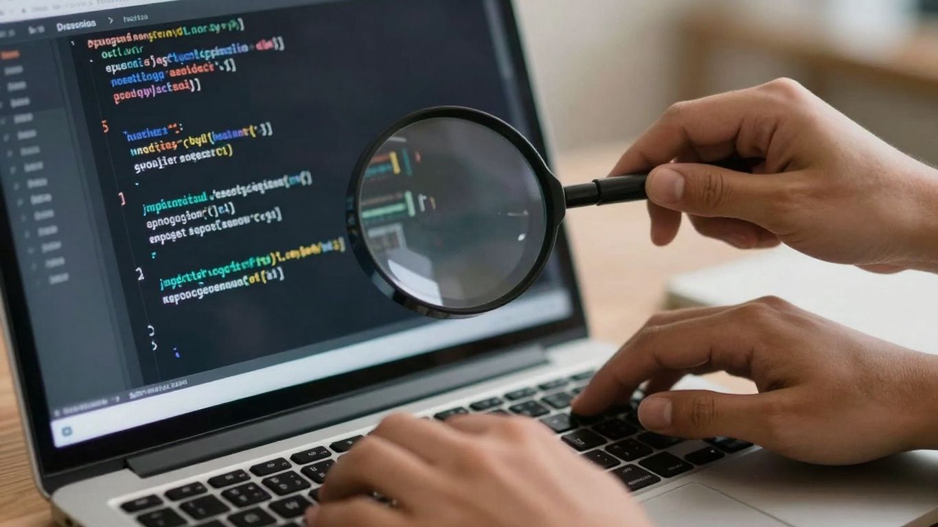 Hands typing code with a magnifying glass over vulnerabilities.