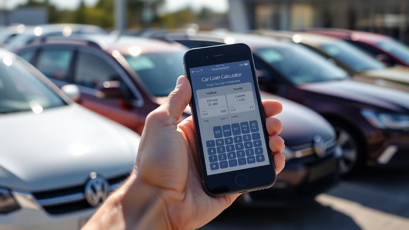 Smartphone car payment calculator on a dealership lot.