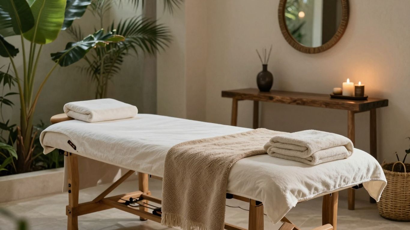 Serene spa treatment room with plants and massage tables.