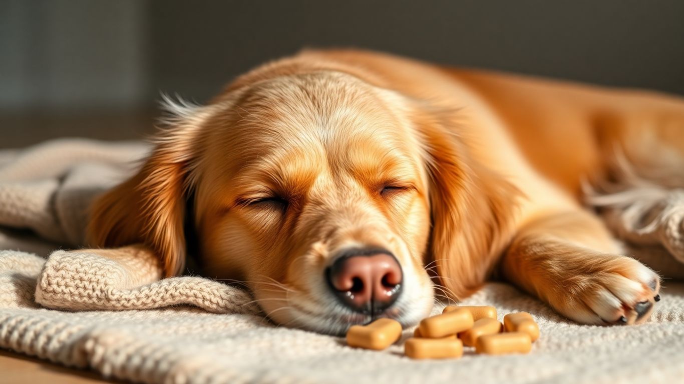 Relaxed dog with calming treats nearby.