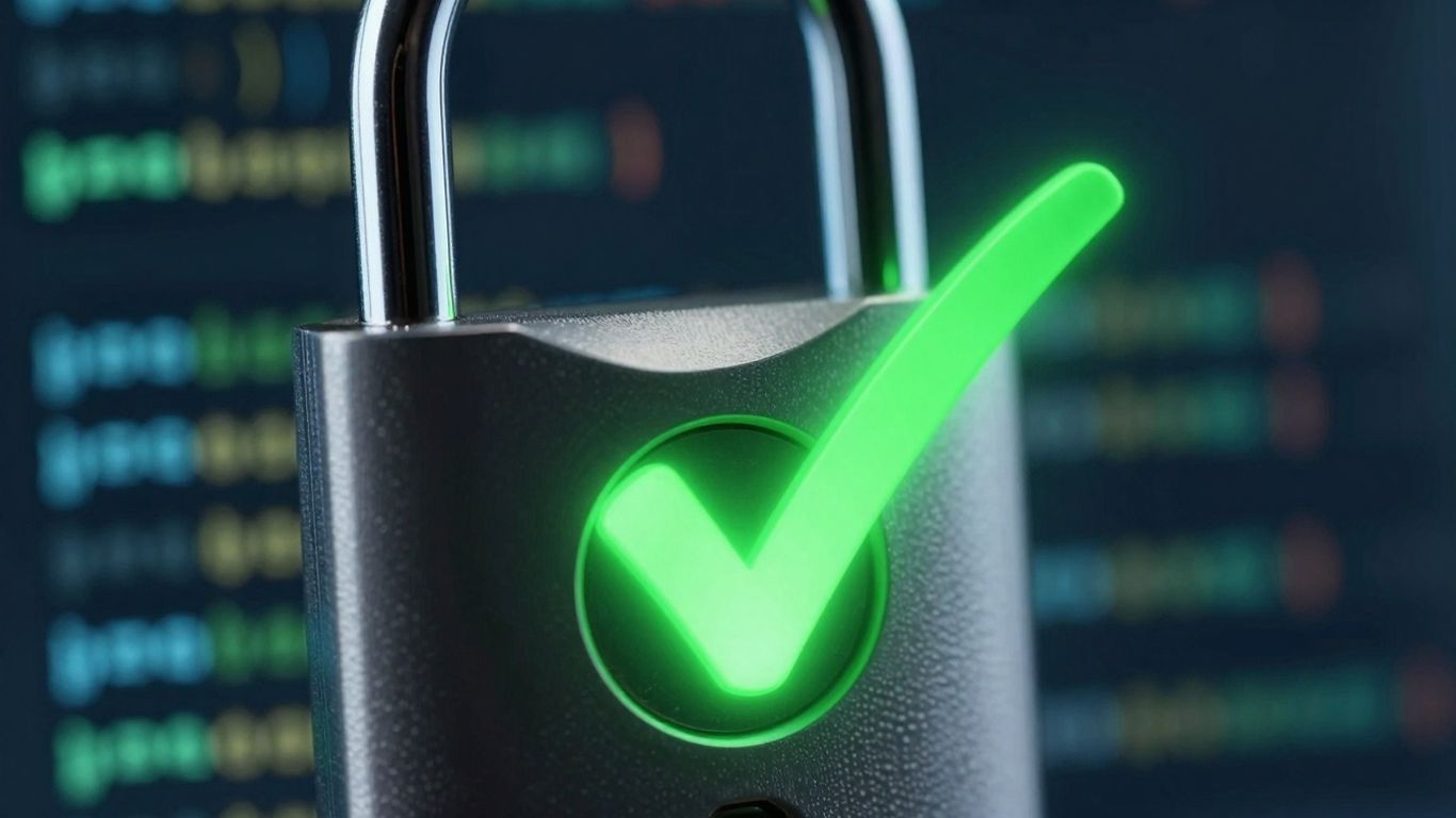 Secure digital lock with a green checkmark.