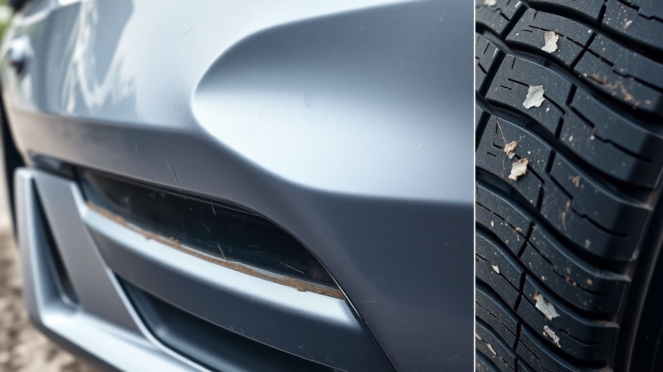 Auto-Schaden an Stoßstange und Spiegel, Reifenprofil.
