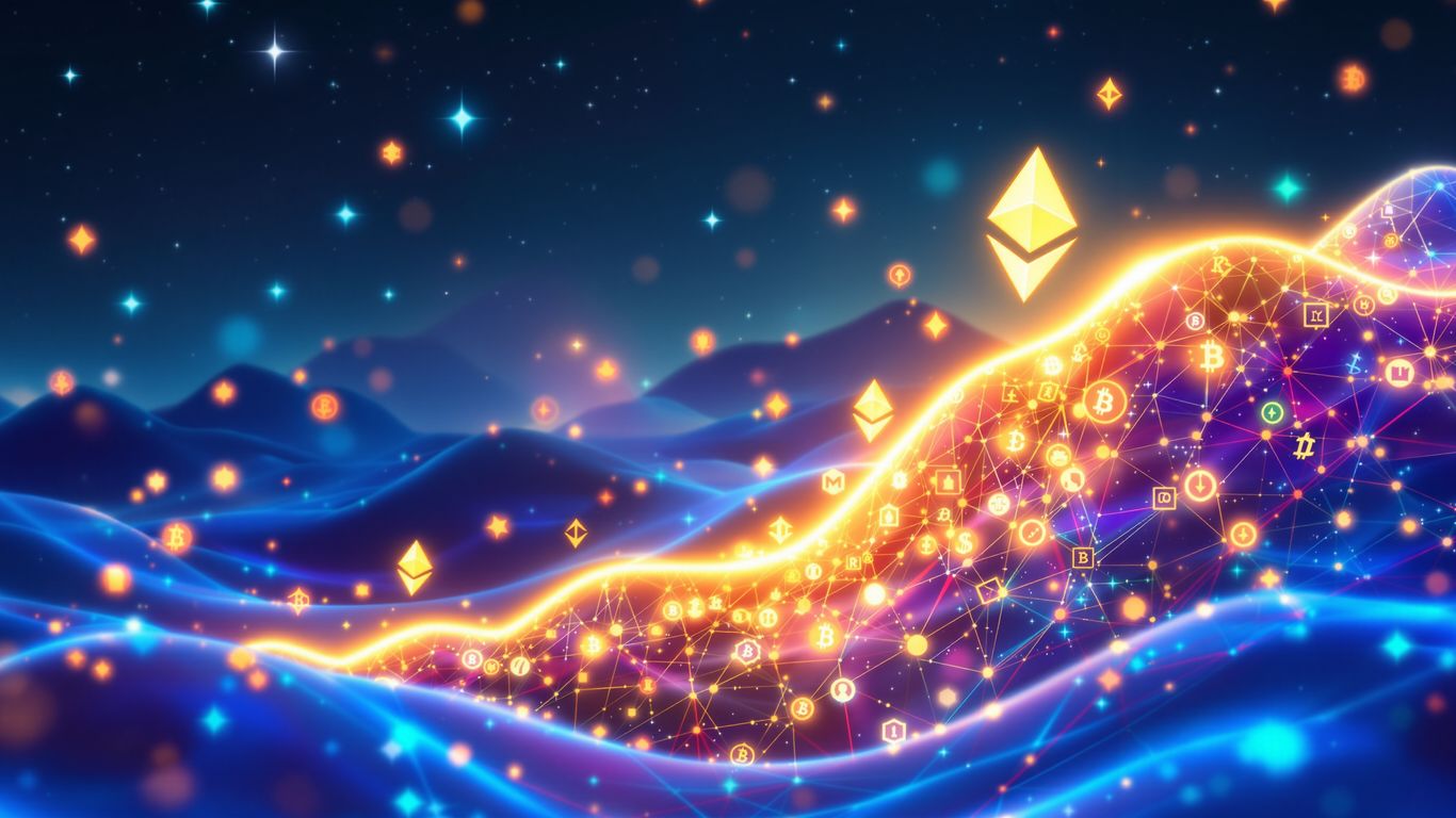 Ethereum and Bitcoin symbols rising in a digital market.