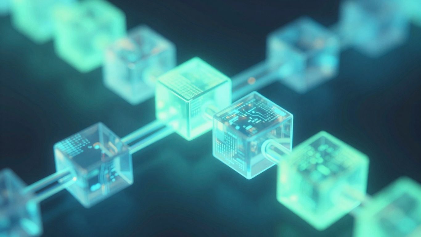 Interconnected digital blocks forming a glowing blockchain.