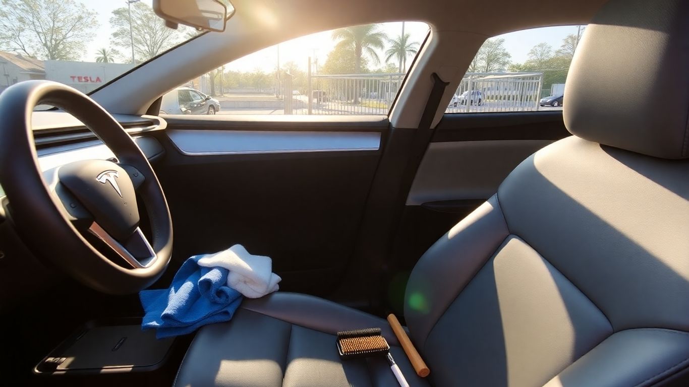 Tesla interior with cleaning supplies
