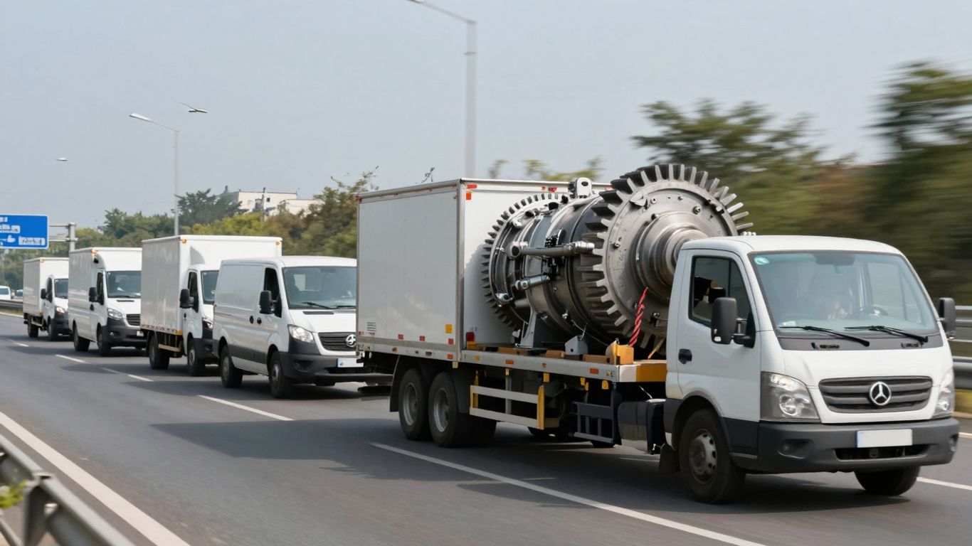 Delivery trucks transporting gearboxes on a highway.