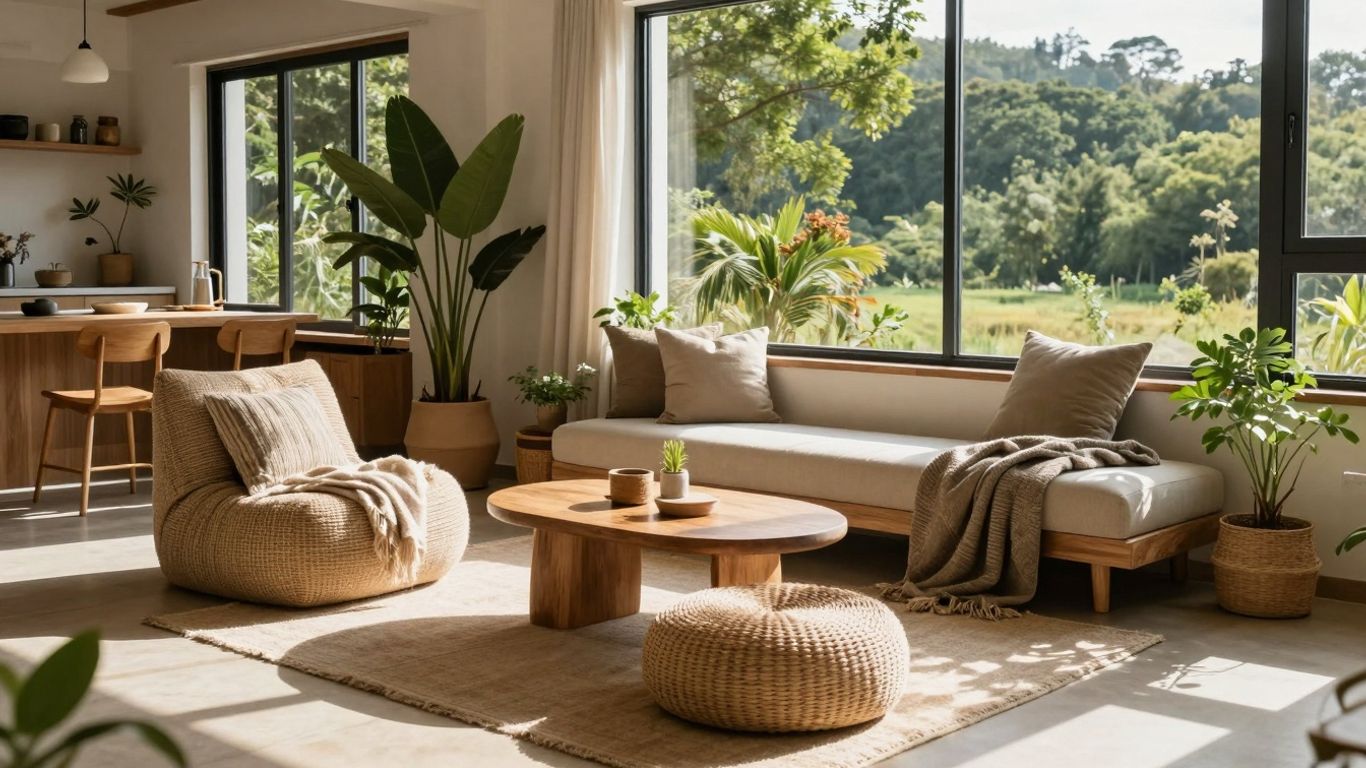 Eco-friendly Airbnb interior with plants and natural light.