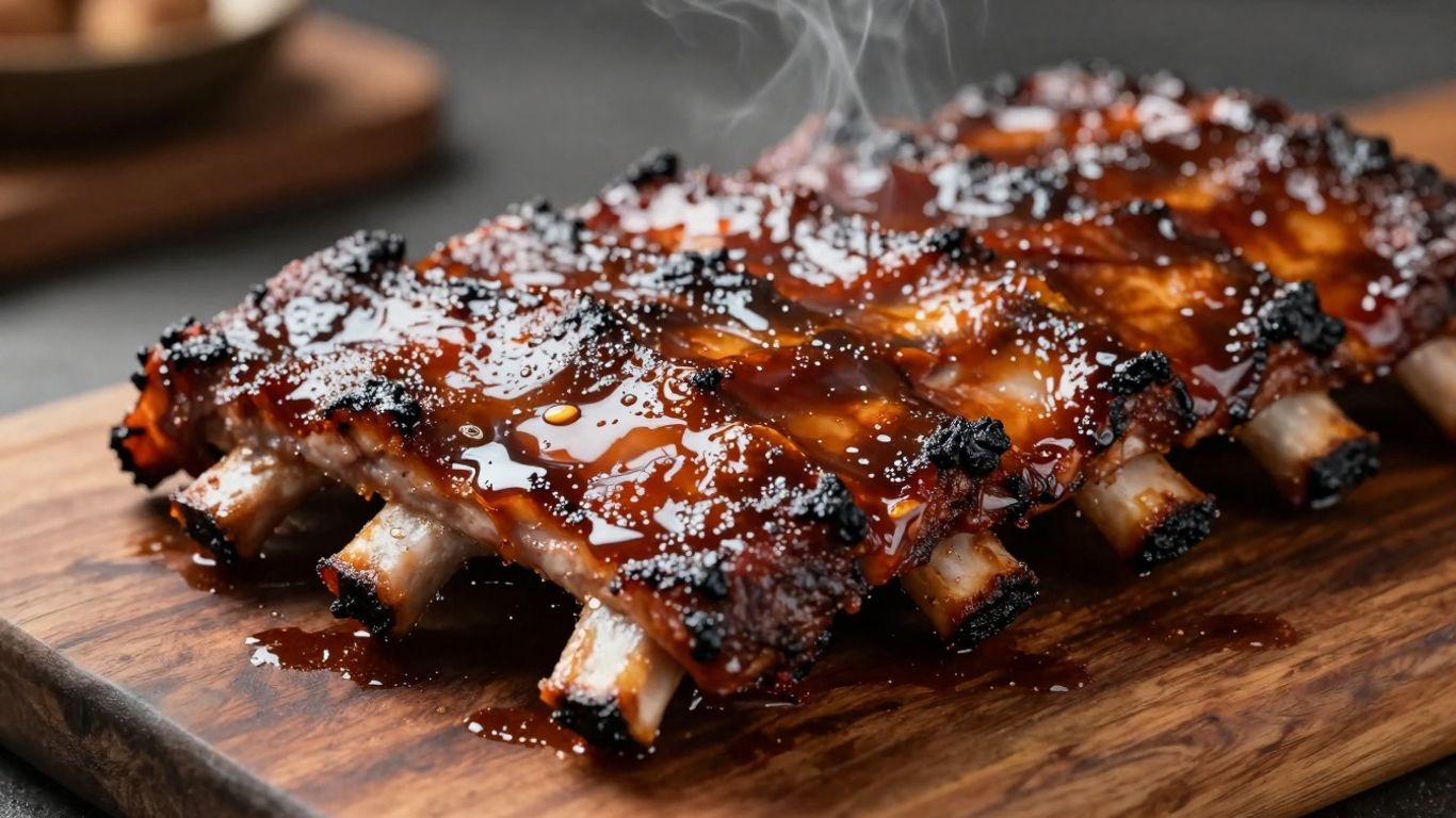 Close-up of glistening BBQ spare ribs with char marks.