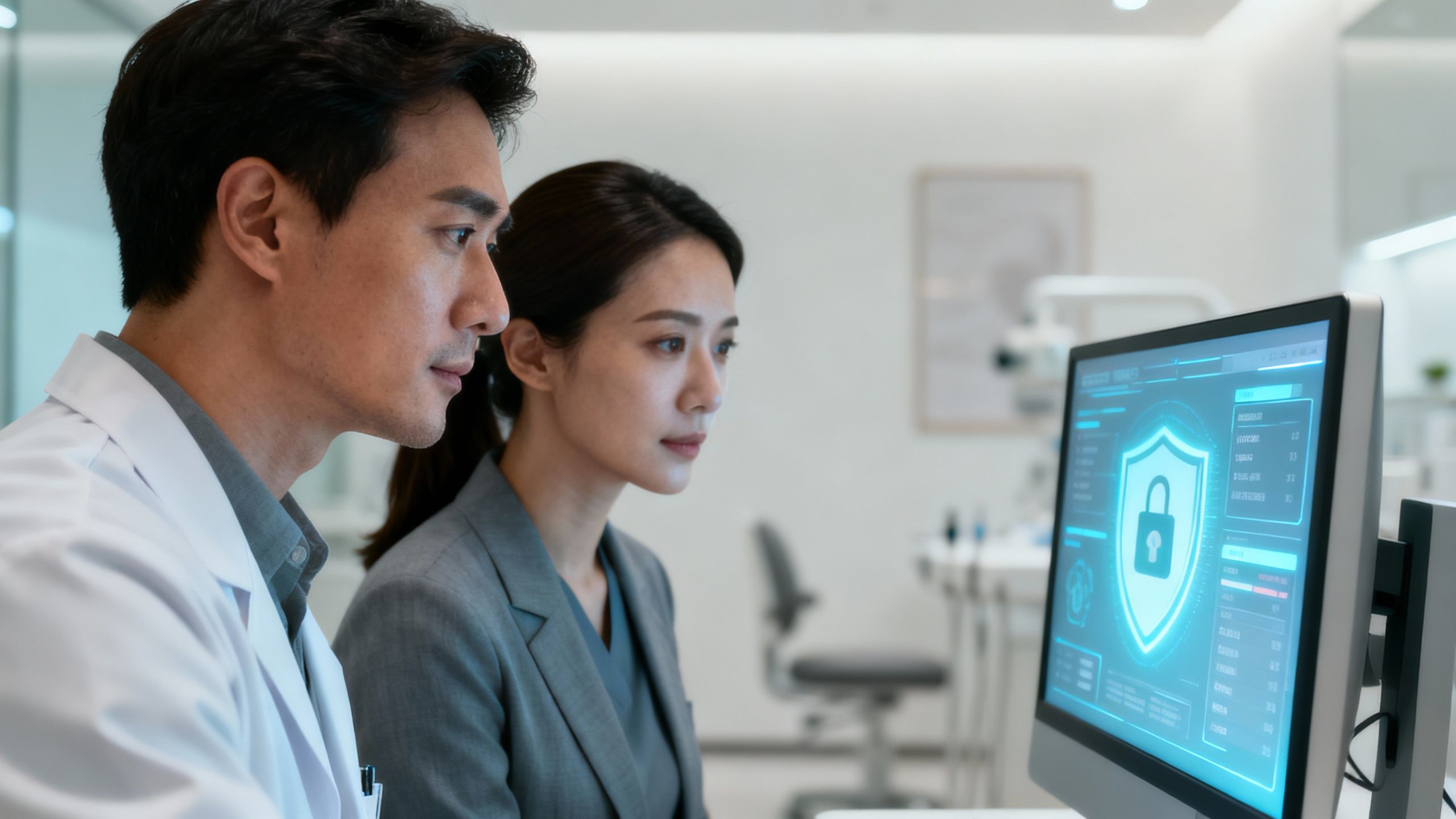 Clinic owners reviewing secure patient data on a computer.