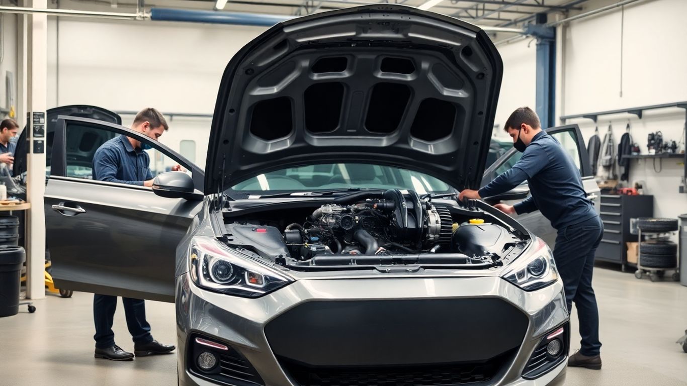 Mechanics replacing car engine in Australian auto shop