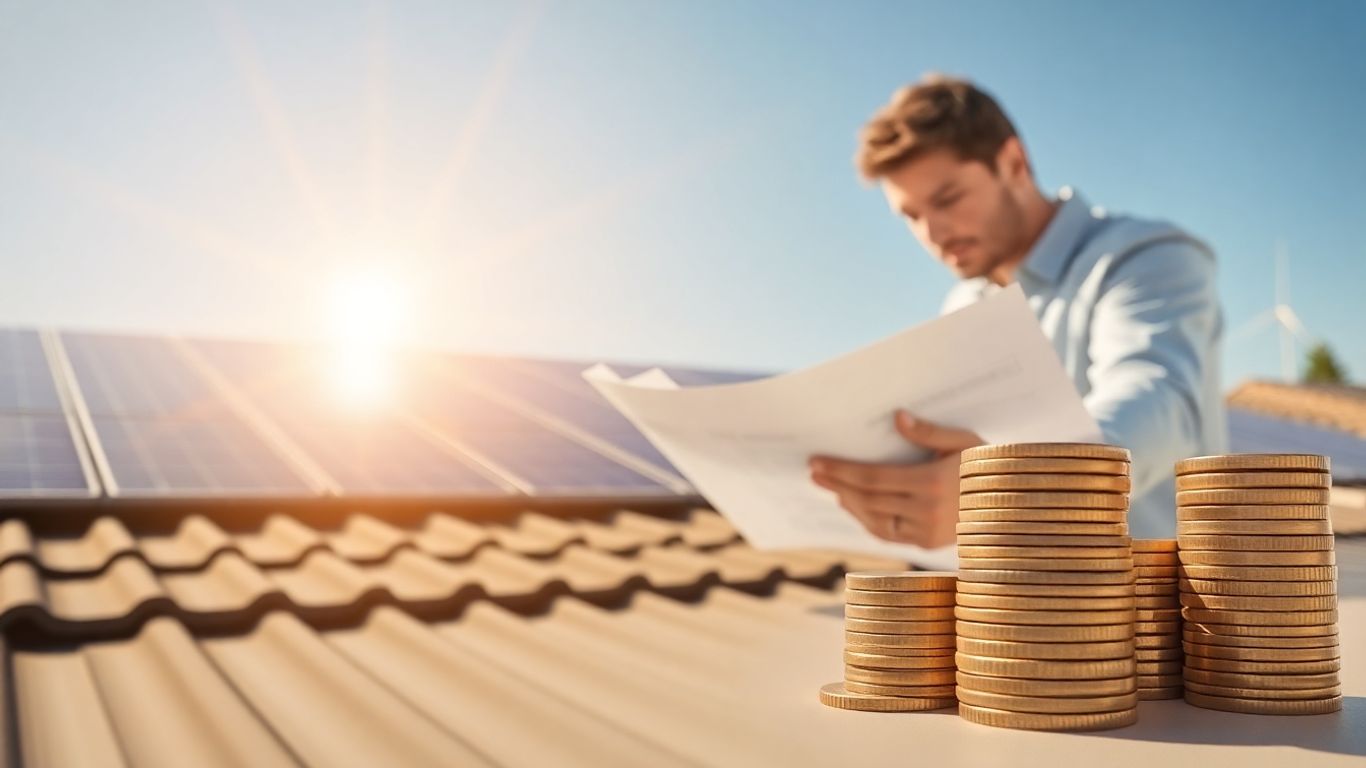Panneaux solaires sur un toit avec des pièces de monnaie.