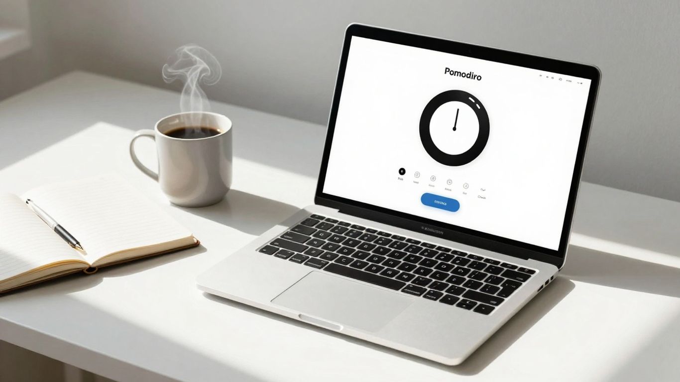 Pomodoro timer app on a laptop, desk setup.