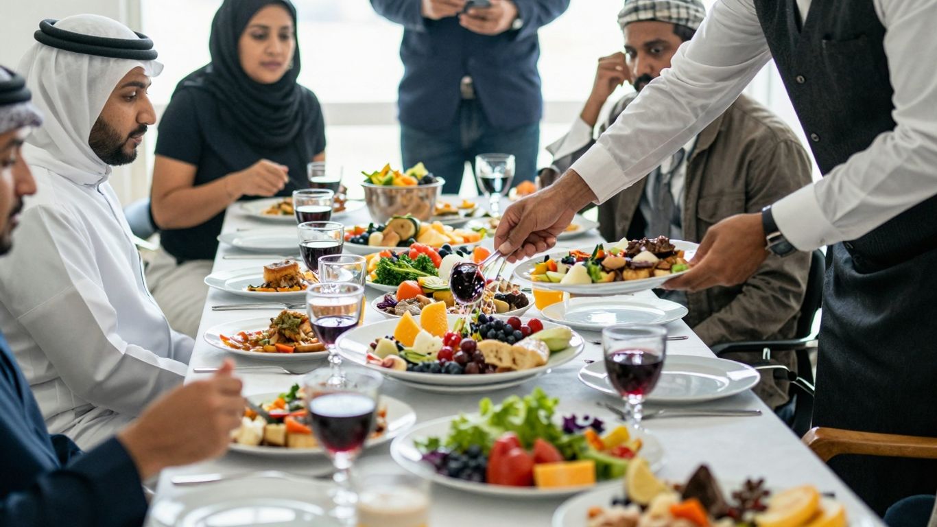 Catering event with a minor spill near guests.