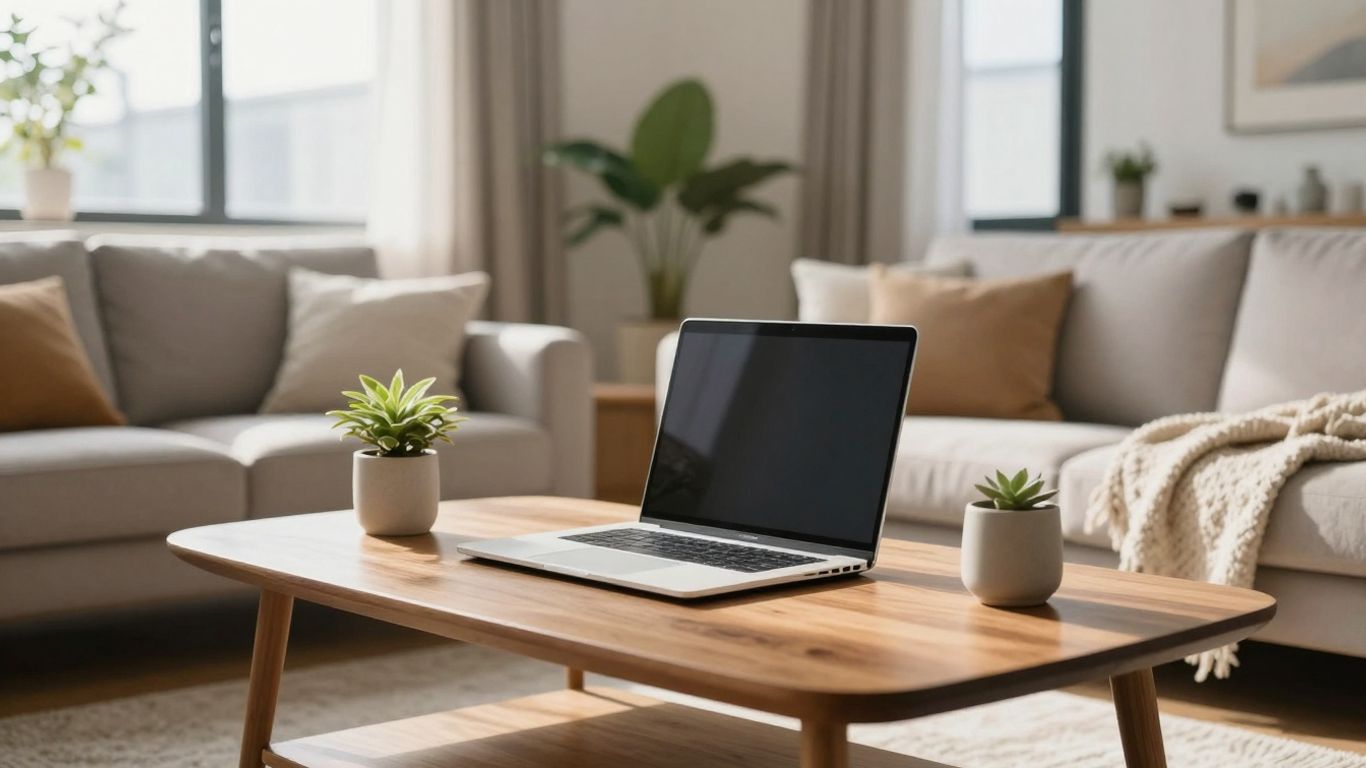 Sala de estar luminosa con portátil y plantas.
