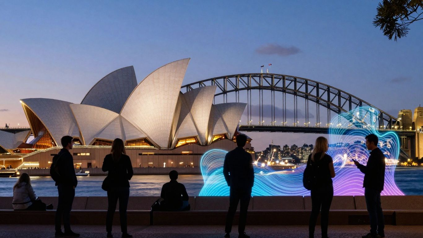 Sydney skyline with tech elements, innovation, startups