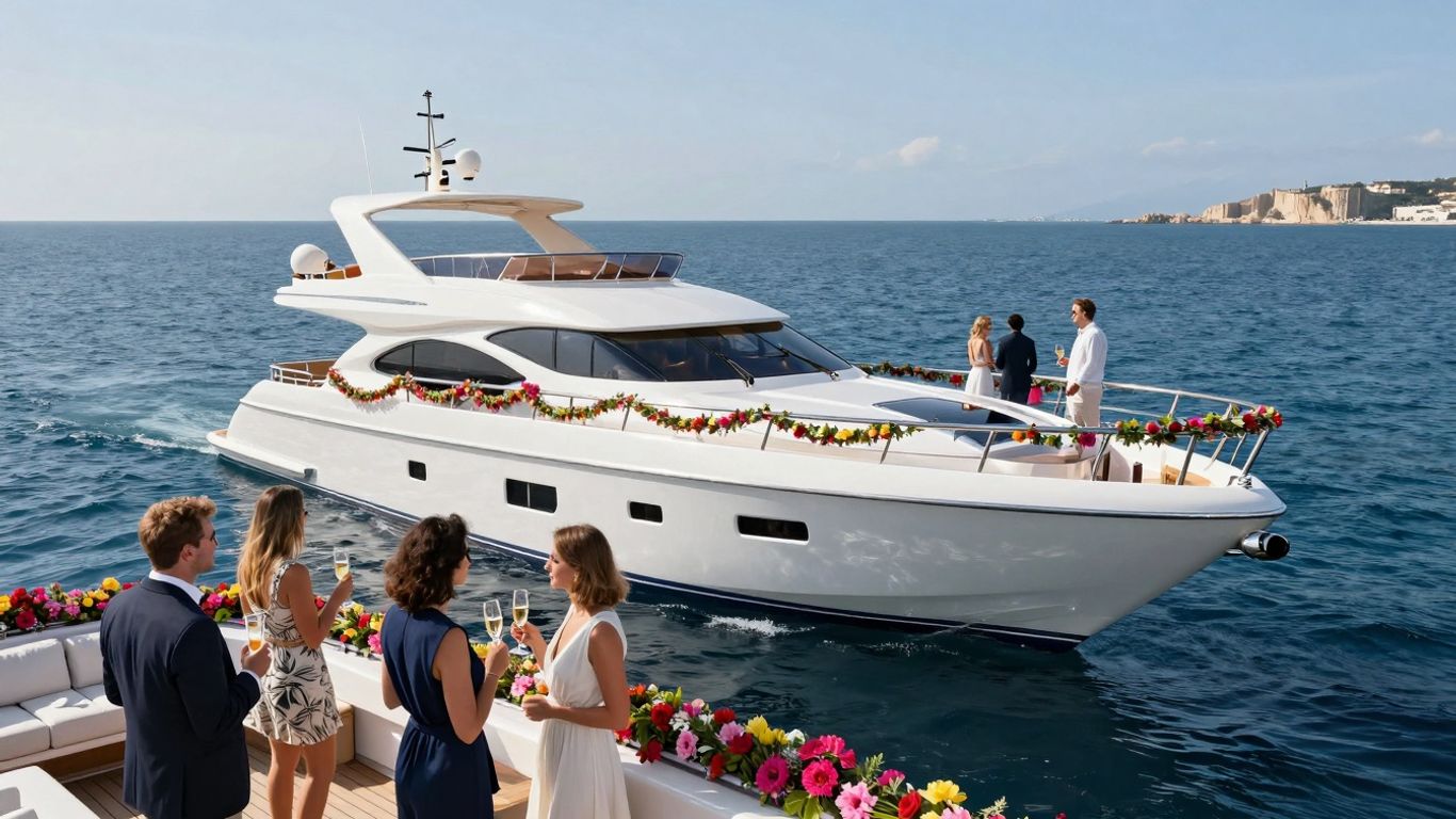 Luxurious yacht party on the ocean with guests celebrating.