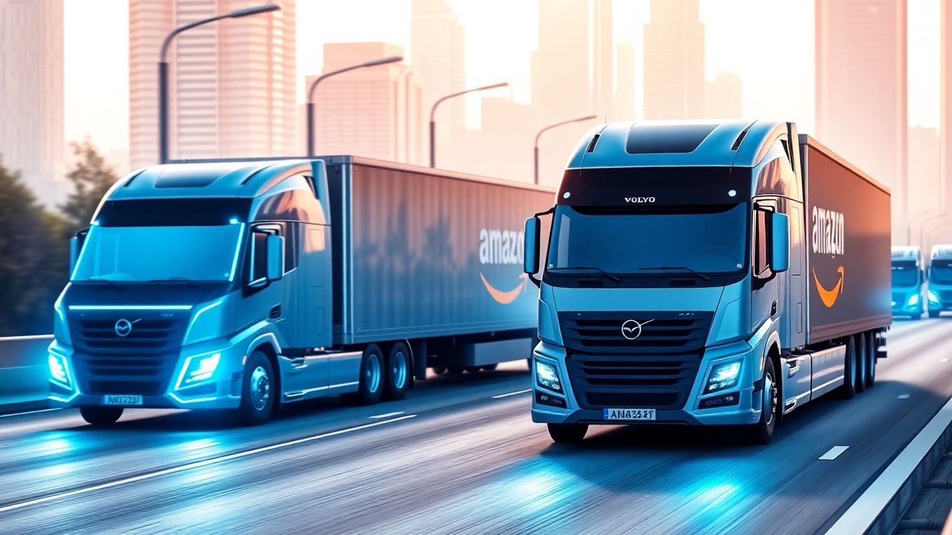 Electric Volvo trucks and Amazon vans on a highway.