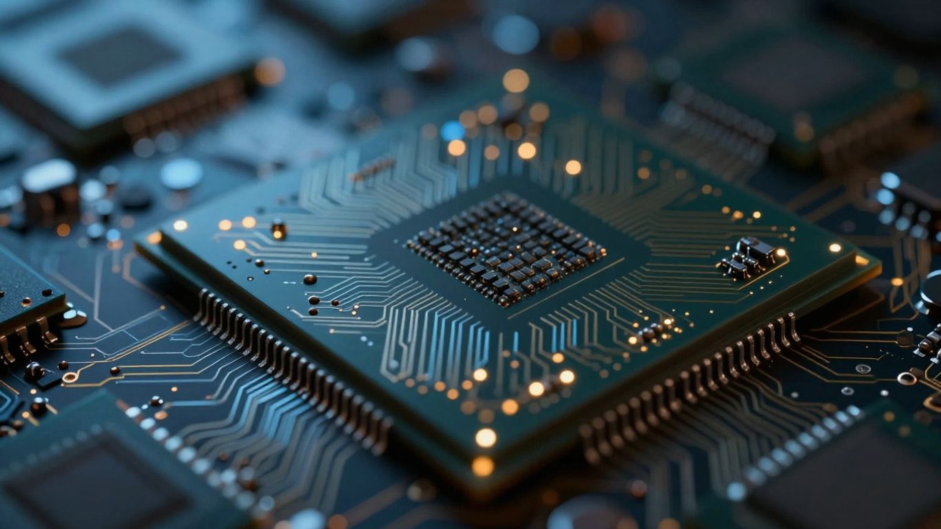 Microcip complex cu circuite luminoase albastre și aurii.